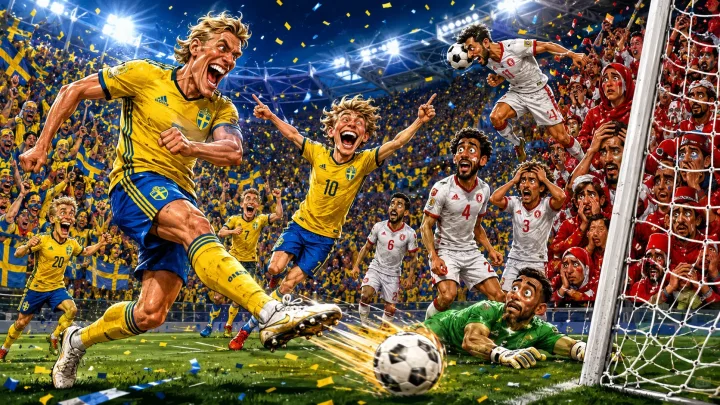 Alexander Isak and Yasin Ayari celebrate as Sweden beat Tunisia 5-1 in their World Cup Group F opener in Monterrey.
