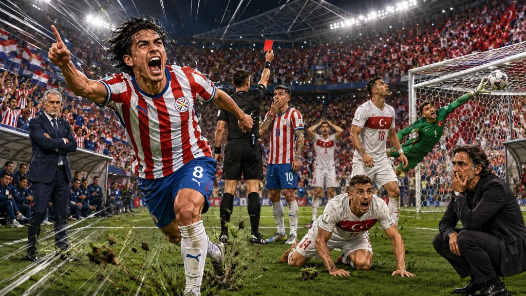 Turkey 0-1 Paraguay World Cup 2026 result with Matias Galarza scoring and Miguel Almiron sent off