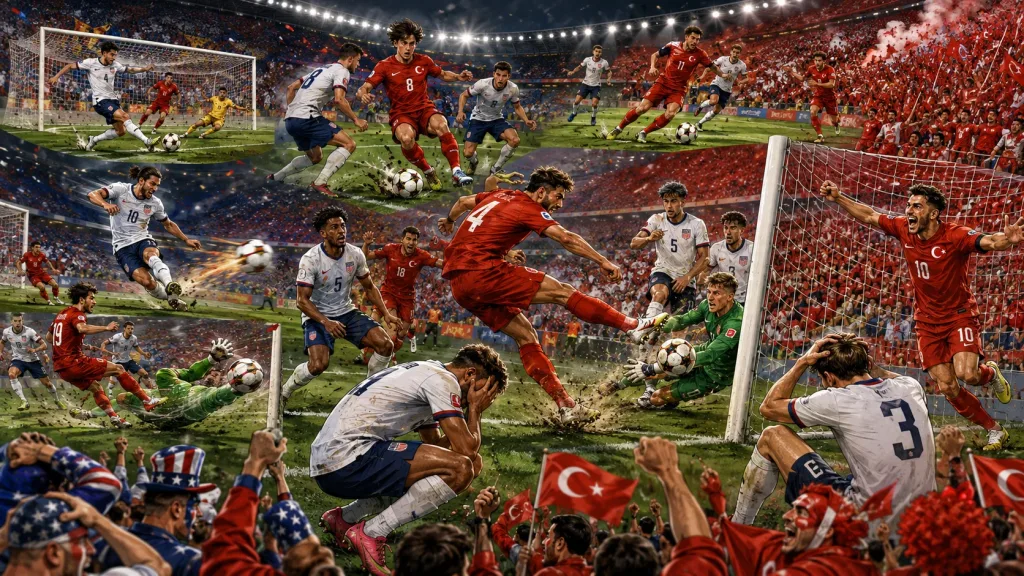 Turkey players celebrate Kaan Ayhan's stoppage-time winner against the United States in a World Cup 2026 Group D match