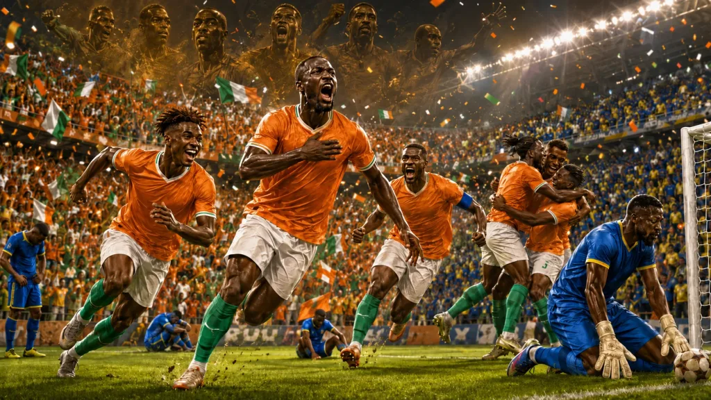 Ivory Coast players celebrate after Nicolas Pépé scores twice against Curaçao in a World Cup 2026 Group E match