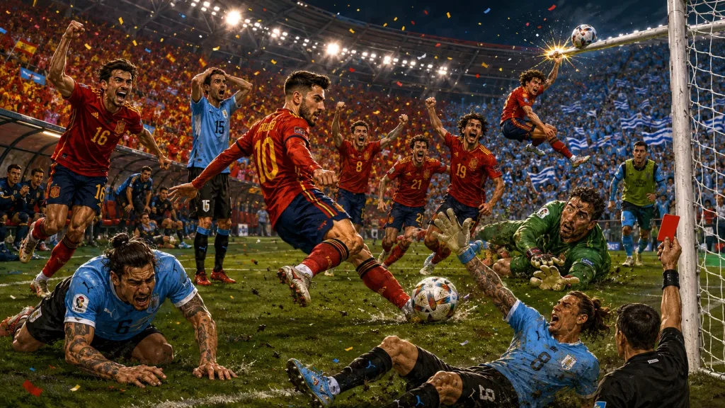 Álex Baena celebrates after scoring for Spain against Uruguay in a World Cup 2026 Group H match