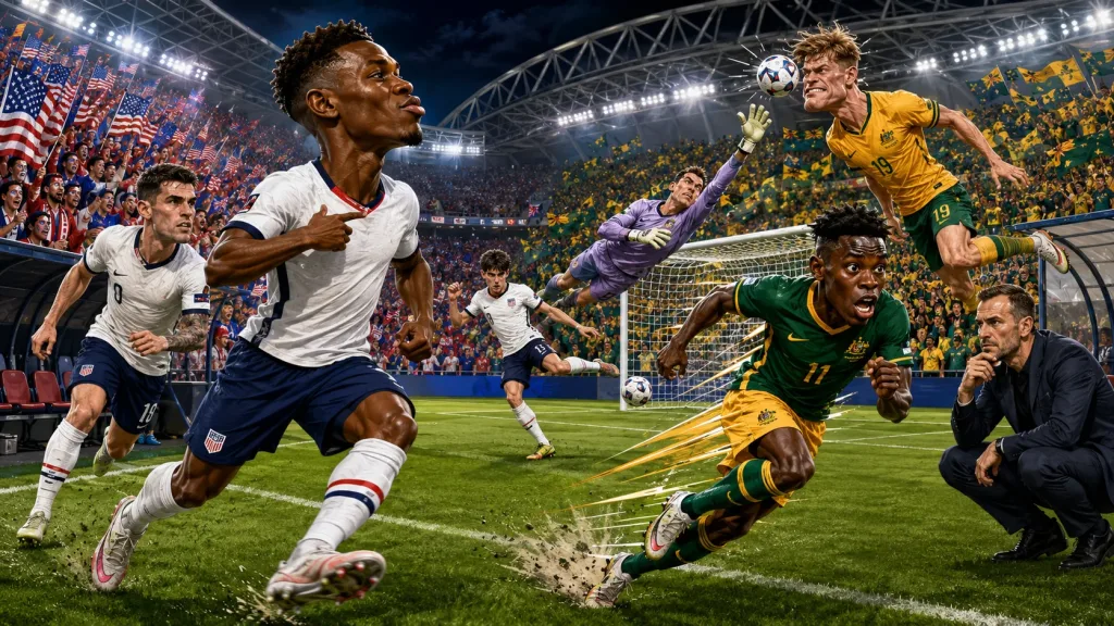 USA vs Australia World Cup 2026 prediction with Folarin Balogun Christian Pulisic Nestory Irankunda and Patrick Beach
