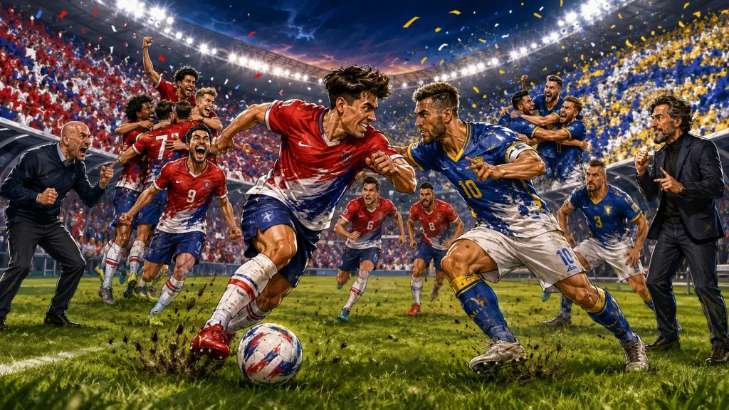 Fictional USA and Bosnia-Herzegovina players in a dramatic World Cup 2026 last-32 preview scene