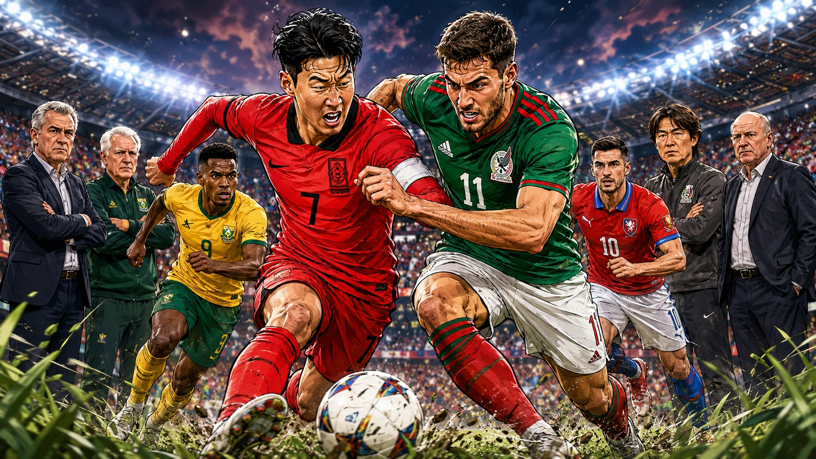 World Cup 2026 Group A preview featuring Mexico, South Africa, South Korea and Czech Republic players in a dramatic caricature football scene