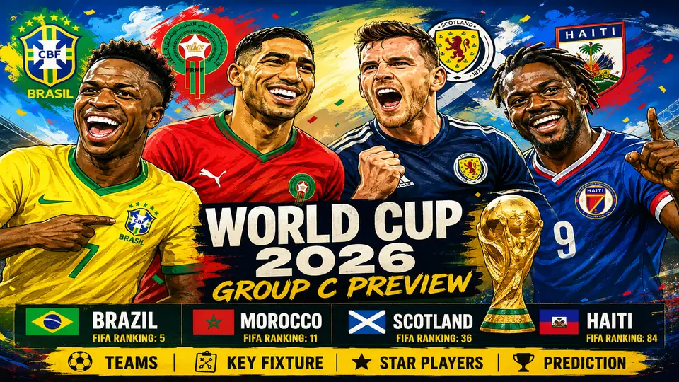 World Cup 2026 Group C preview featuring Brazil Morocco Scotland and Haiti players in a dramatic caricature football scene