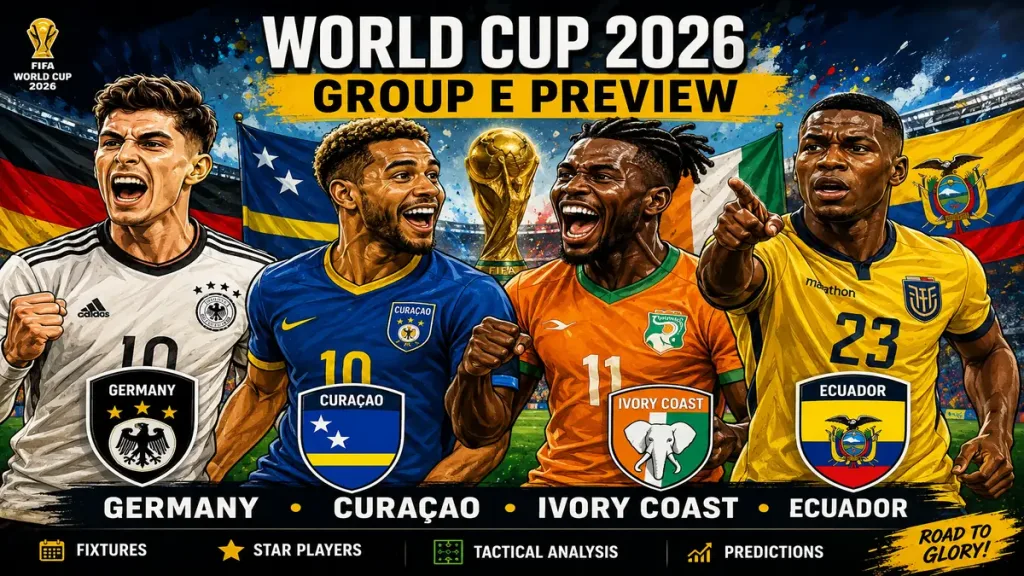 World Cup 2026 Group E preview featuring Germany Curaçao Ivory Coast and Ecuador players in a dramatic caricature football scene