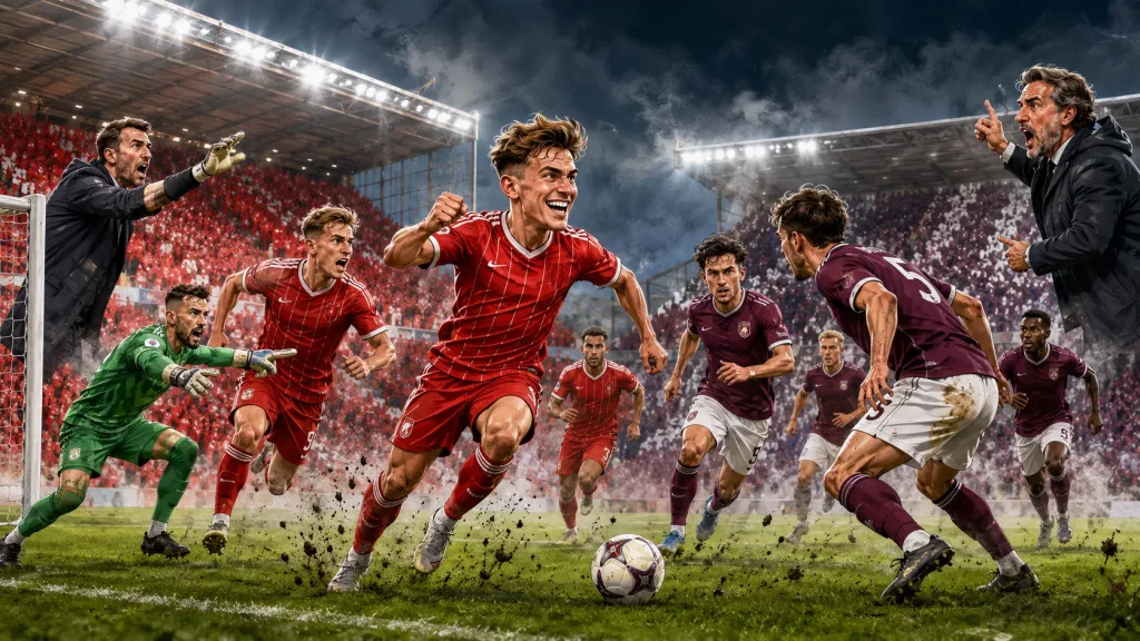 Fictional Aberdeen and Hearts players in a dramatic Scottish Premiership opening-day preview scene