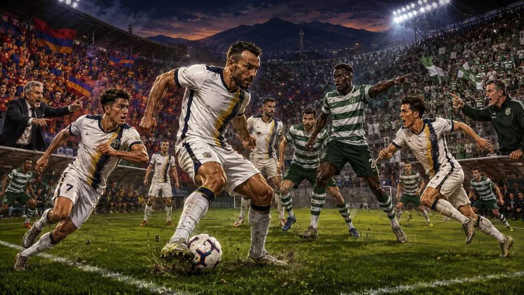 Fictional Ararat-Armenia and Shamrock Rovers players contest a Champions League qualifier in Yerevan