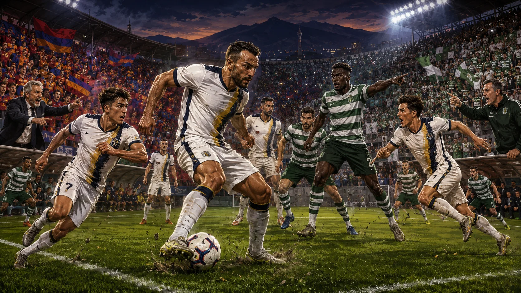 Fictional Ararat-Armenia and Shamrock Rovers players contest a Champions League qualifier in Yerevan