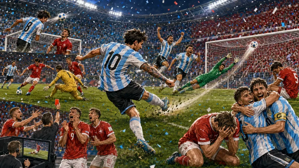 Fictional Argentina players celebrate a dramatic extra-time World Cup 2026 quarter-final win over Switzerland