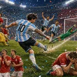 Fictional Argentina players celebrate a dramatic extra-time World Cup 2026 quarter-final win over Switzerland