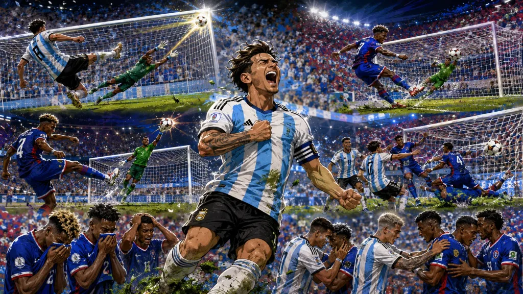 Fictional Argentina players celebrate a dramatic 3-2 extra-time World Cup 2026 win over Cape Verde
