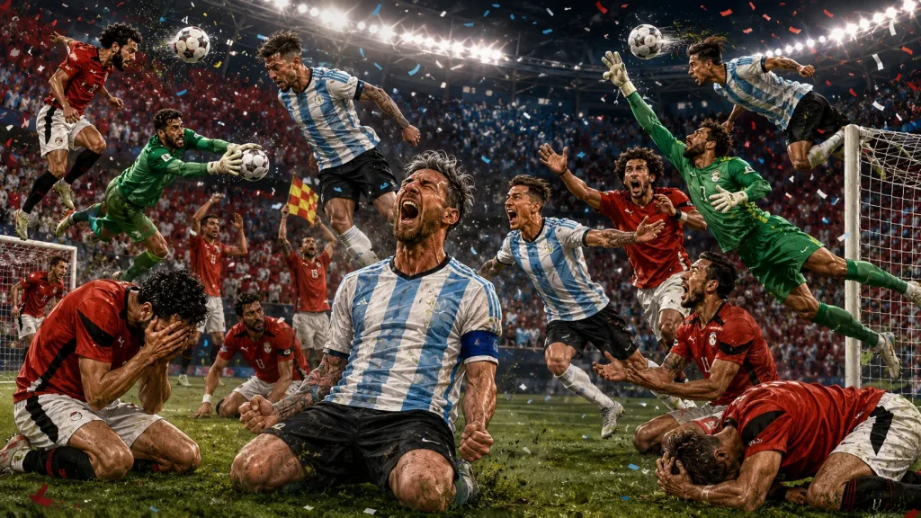 Fictional Argentina players celebrate a dramatic 3-2 World Cup 2026 comeback win over Egypt