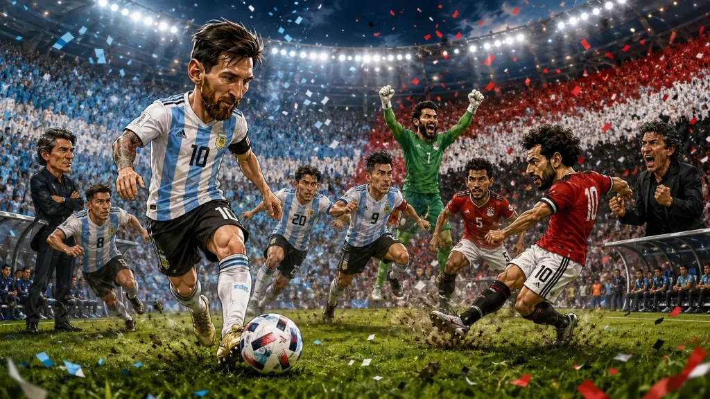 Fictional Argentina and Egypt players in a dramatic World Cup 2026 last-16 preview scene