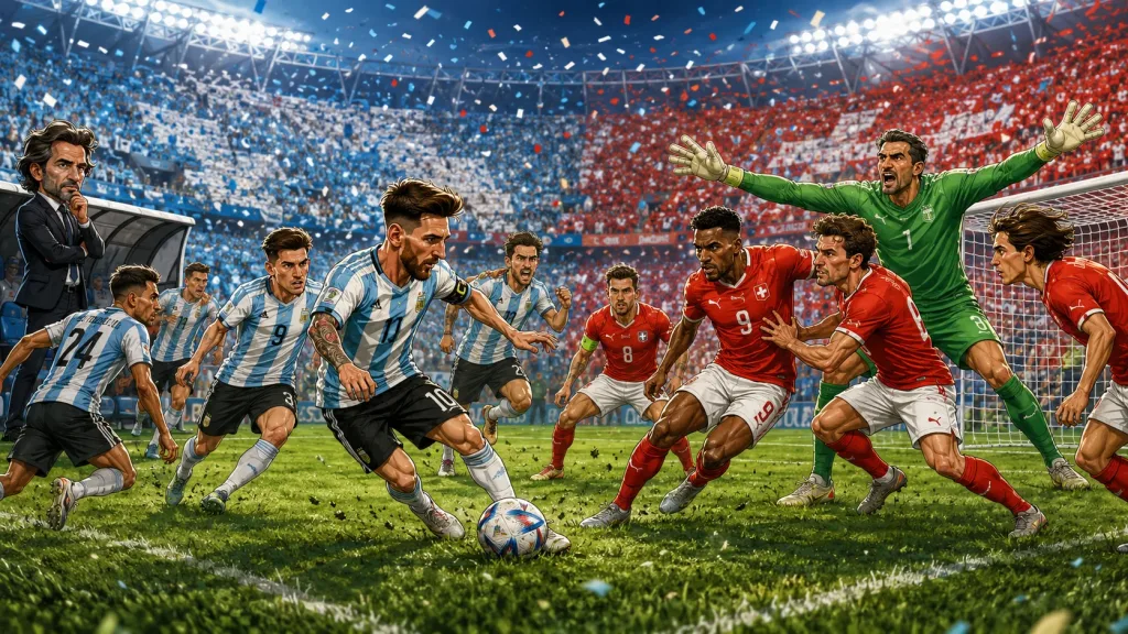 Fictional Argentina and Switzerland players in a dramatic World Cup 2026 quarter-final preview scene