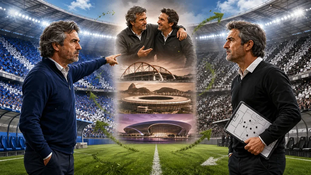 Caricature-style illustration of two fictional Portuguese coaches facing each other before Cruzeiro vs Botafogo