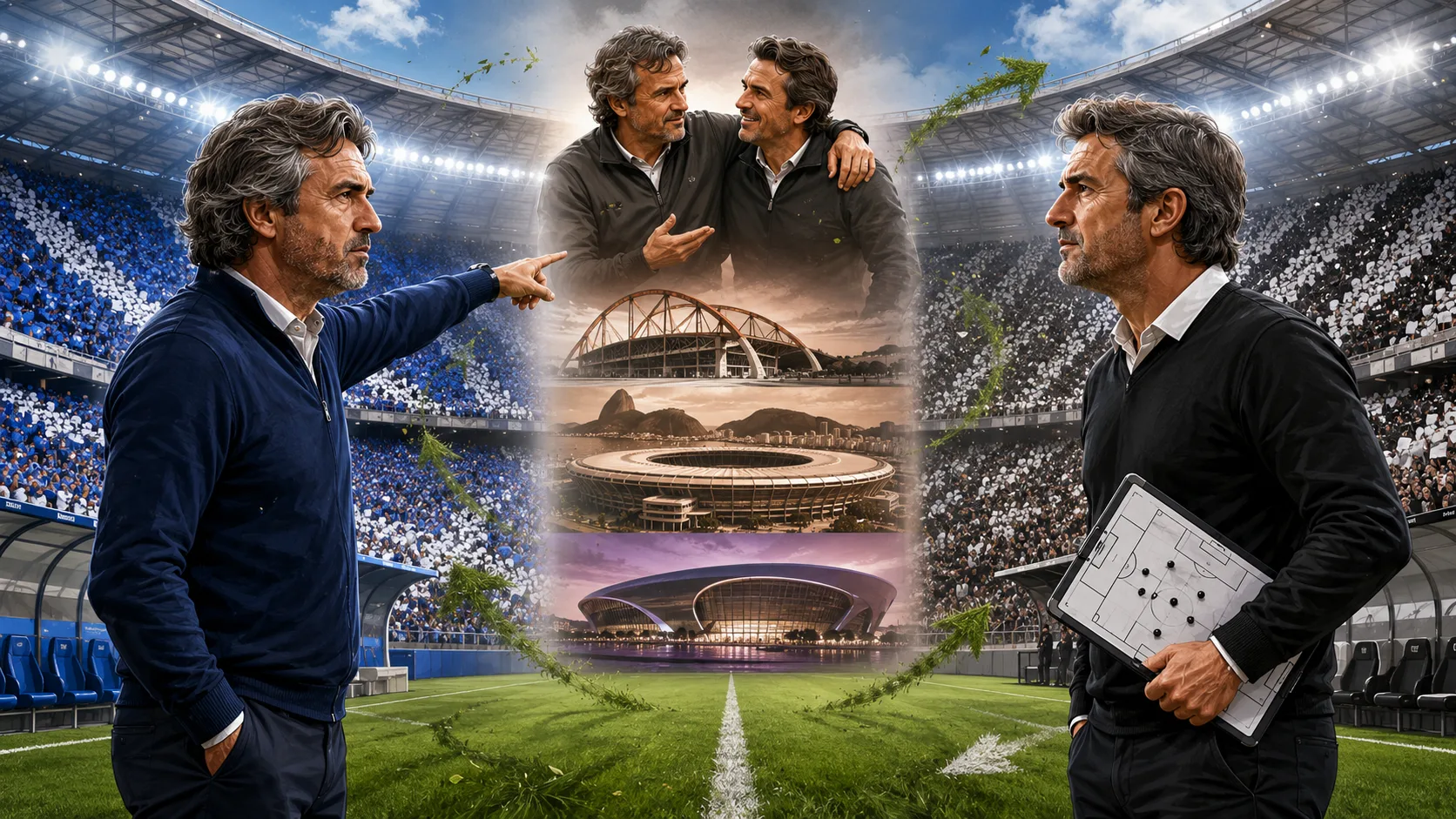 Caricature-style illustration of two fictional Portuguese coaches facing each other before Cruzeiro vs Botafogo