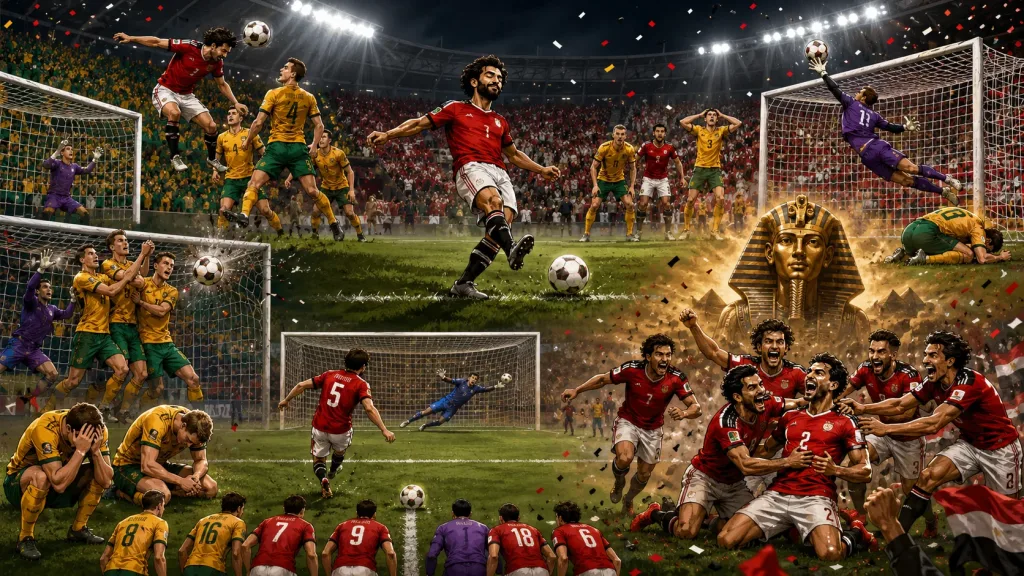 Fictional Egypt players celebrate a World Cup 2026 penalty shootout win over Australia