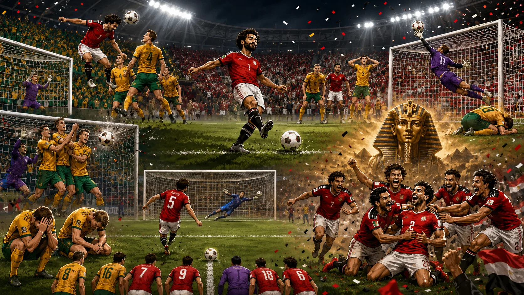 Fictional Egypt players celebrate a World Cup 2026 penalty shootout win over Australia