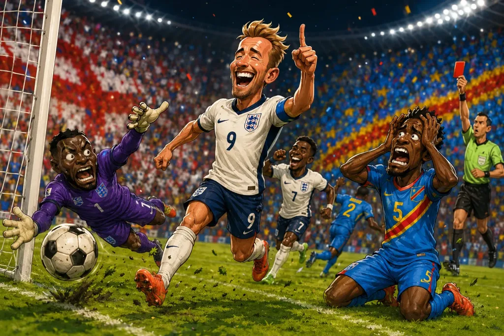 Caricature of Belgium’s 3-2 extra-time comeback win over Senegal in the World Cup round of 32, featuring dramatic equaliser and late penalty.
