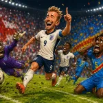 Caricature of Belgium’s 3-2 extra-time comeback win over Senegal in the World Cup round of 32, featuring dramatic equaliser and late penalty.