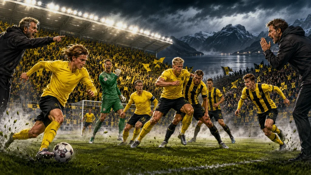 Fictional Bodo/Glimt and Lillestrom players in a dramatic Norwegian Eliteserien title-race preview scene