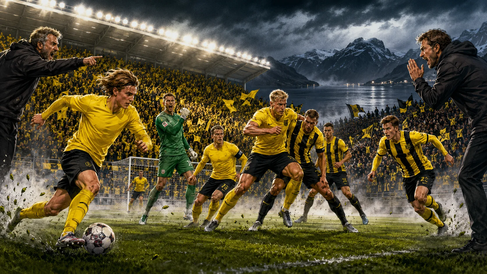 Fictional Bodo/Glimt and Lillestrom players in a dramatic Norwegian Eliteserien title-race preview scene