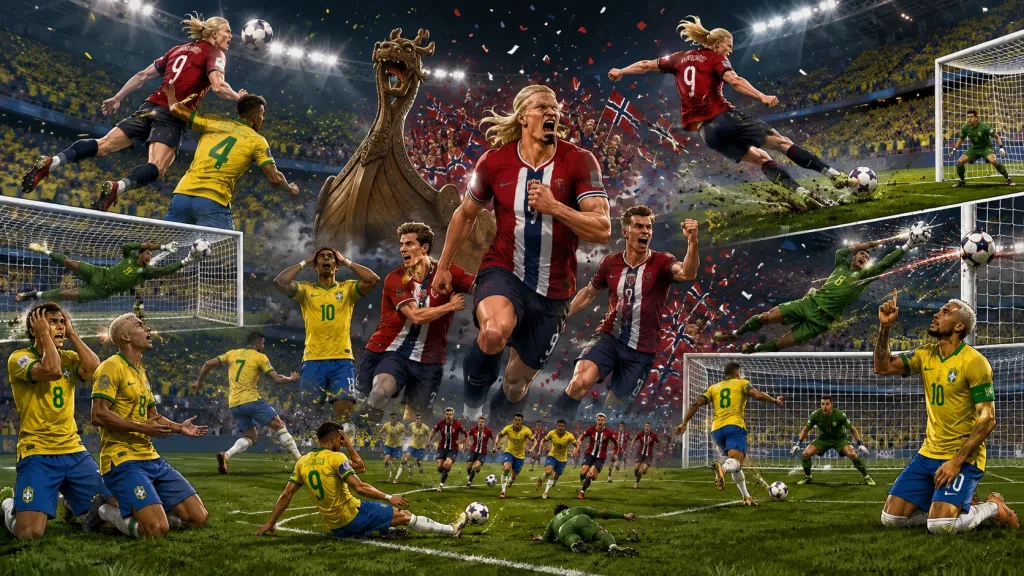 Fictional Norway players celebrate a dramatic 2-1 World Cup 2026 knockout win over Brazil