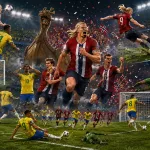 Fictional Norway players celebrate a dramatic 2-1 World Cup 2026 knockout win over Brazil