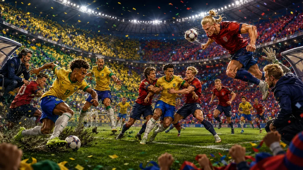 Fictional Brazil and Norway players in a dramatic World Cup 2026 last-16 preview scene