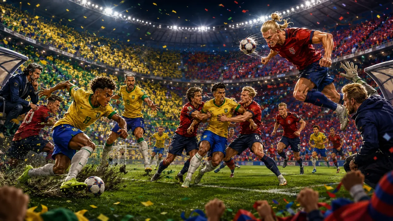 Fictional Brazil and Norway players in a dramatic World Cup 2026 last-16 preview scene