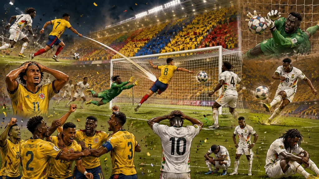 Fictional Colombia players celebrate a 1-0 World Cup 2026 knockout win over Ghana