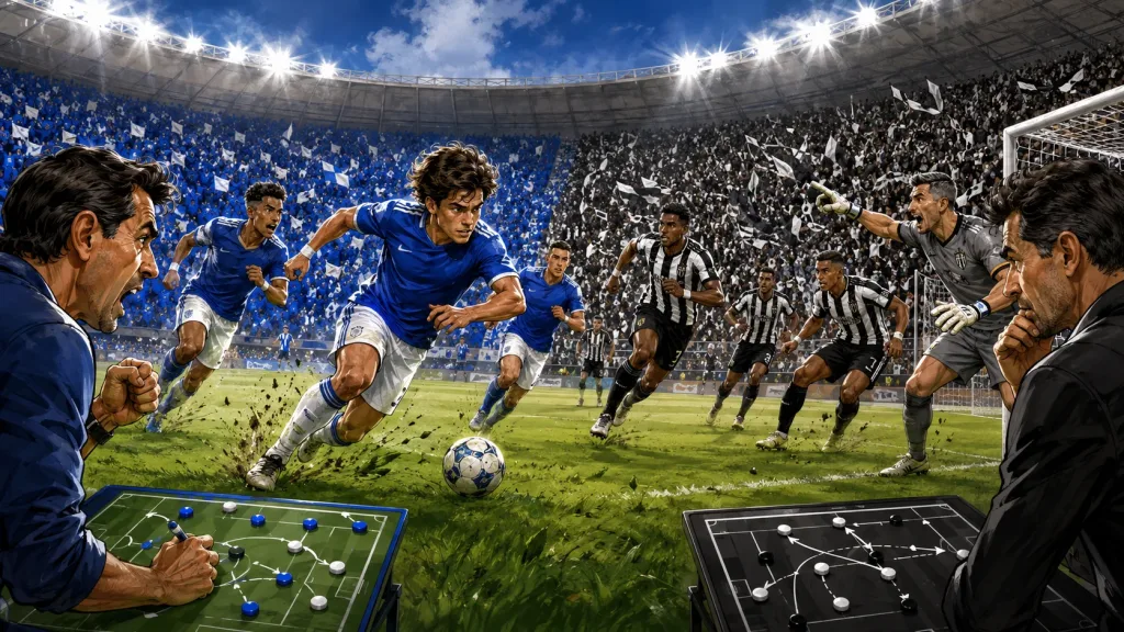 Fictional Cruzeiro and Botafogo players in a dramatic Campeonato Brasileiro preview scene