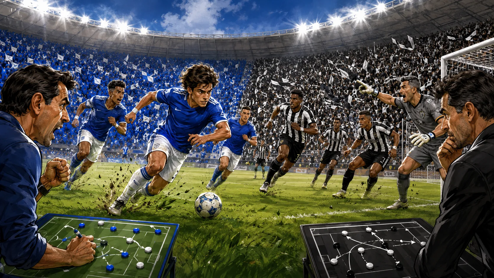 Fictional Cruzeiro and Botafogo players in a dramatic Campeonato Brasileiro preview scene