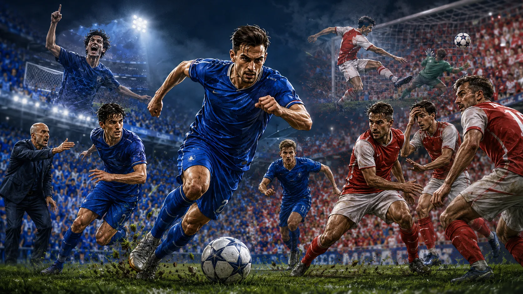 Fictional Dinamo Zagreb and Thun players in a dramatic UEFA Champions League qualifying preview scene