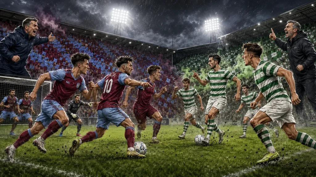 Fictional Drogheda United and Shamrock Rovers players in a dramatic League of Ireland preview scene