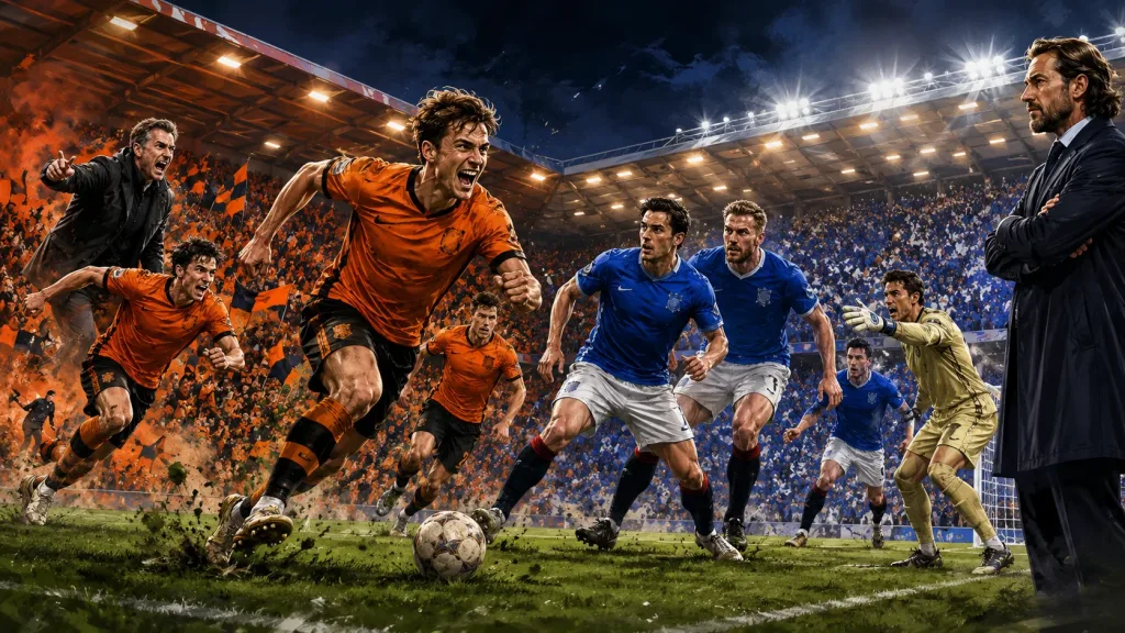 Fictional Dundee United and Rangers players in a dramatic Scottish Premiership opening-day preview scene