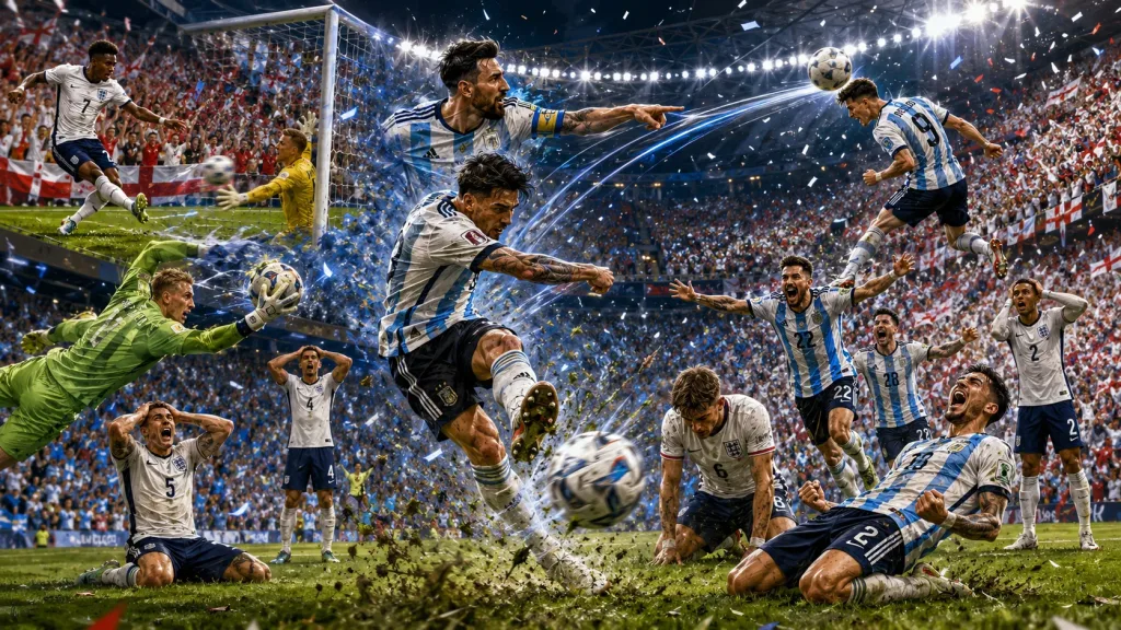 Fictional Argentina players celebrate a dramatic 2-1 World Cup 2026 semi-final win over England
