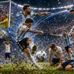 Fictional Argentina players celebrate a dramatic 2-1 World Cup 2026 semi-final win over England