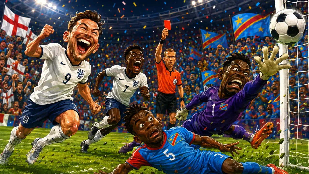 Dynamic caricature illustration of England vs DR Congo, showing the 2-1 Round of 32 World Cup match with Kane’s late brace and DR Congo’s shock opener at Mercedes-Benz Stadium.