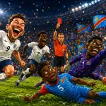 Dynamic caricature illustration of England vs DR Congo, showing the 2-1 Round of 32 World Cup match with Kane’s late brace and DR Congo’s shock opener at Mercedes-Benz Stadium.