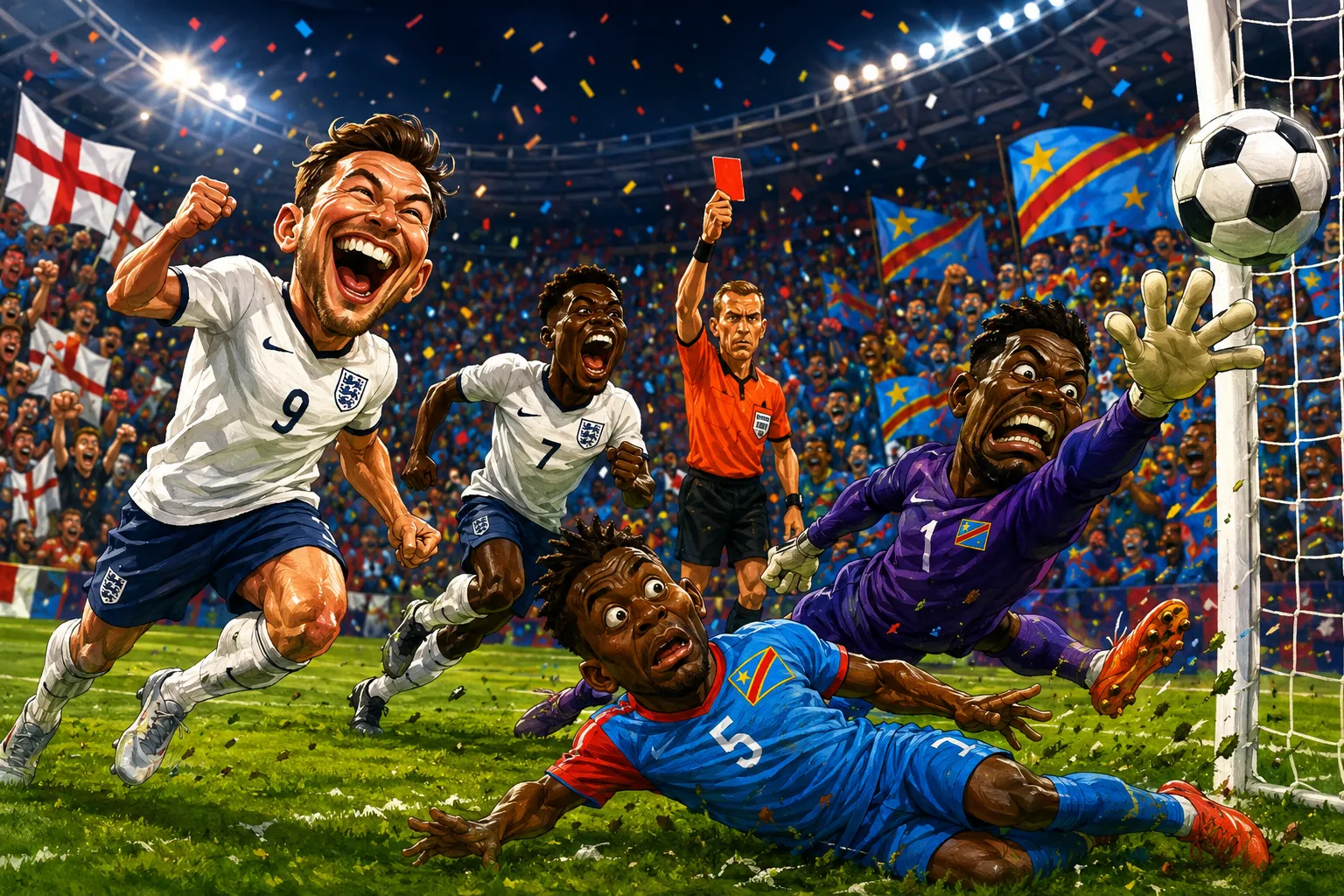 Dynamic caricature illustration of England vs DR Congo, showing the 2-1 Round of 32 World Cup match with Kane’s late brace and DR Congo’s shock opener at Mercedes-Benz Stadium.