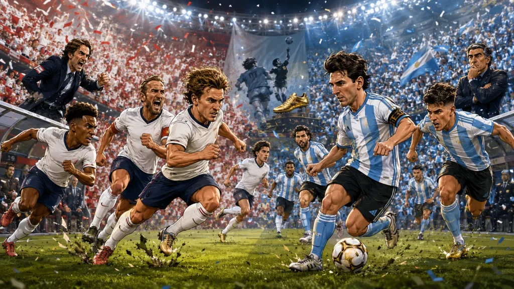 Fictional England and Argentina players in a dramatic World Cup 2026 semi-final preview scene