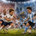 Fictional England and Argentina players in a dramatic World Cup 2026 semi-final preview scene