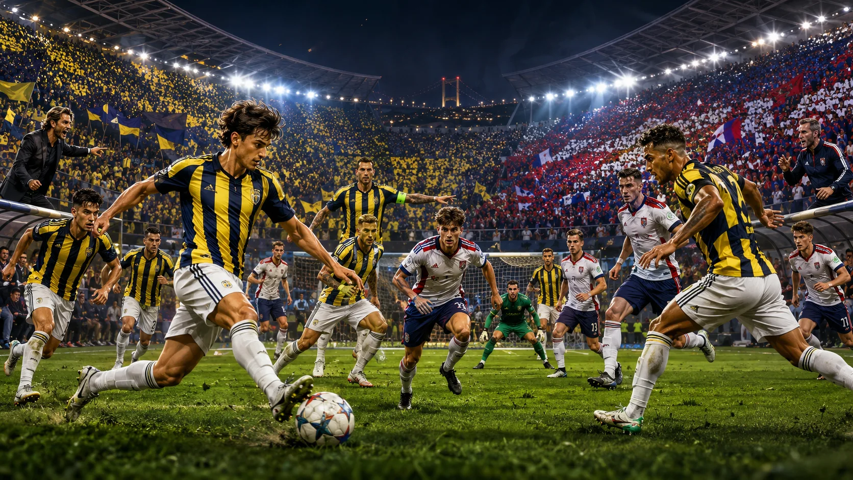 Fictional Fenerbahce and Gornik Zabrze players contest a Champions League qualifier in Istanbul