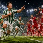 Fictional Ferencvaros and FK Vojvodina players in a dramatic Europa League qualifier preview scene