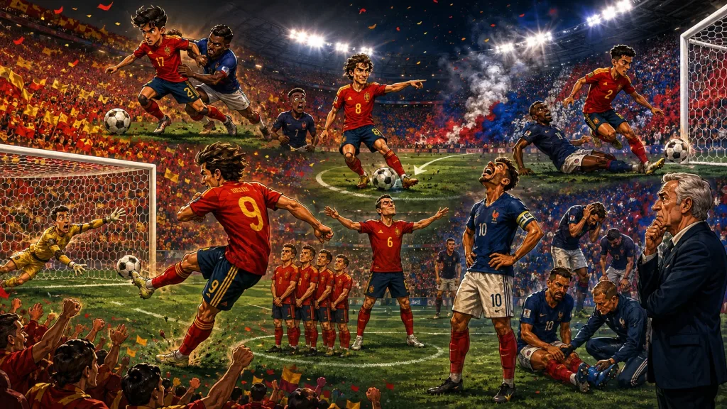Fictional Spain players celebrate a 2-0 World Cup 2026 semi-final win over France