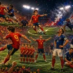 Fictional Spain players celebrate a 2-0 World Cup 2026 semi-final win over France