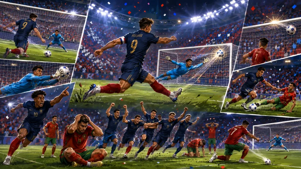 Fictional France players celebrate a 2-0 World Cup 2026 quarter-final win over Morocco