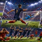 Fictional France players celebrate a 2-0 World Cup 2026 quarter-final win over Morocco